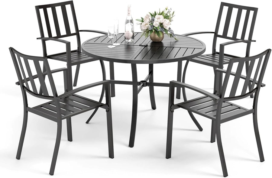 5 Piece Outdoor Patio Dining Set Metal Garden Table & Stackable Chairs