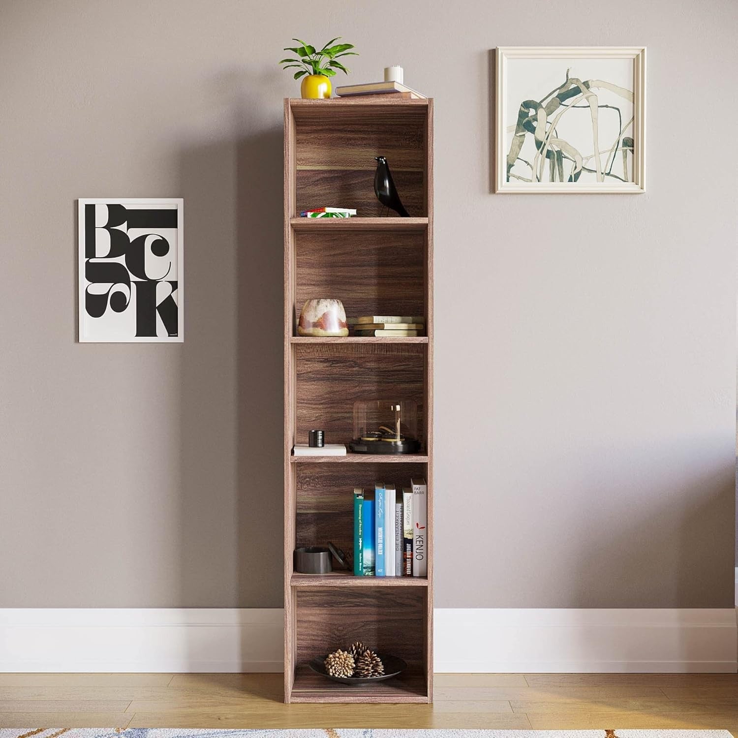 5 Tier Walnut Wooden Cube Bookcase Small Storage Shelf for Living Room Office