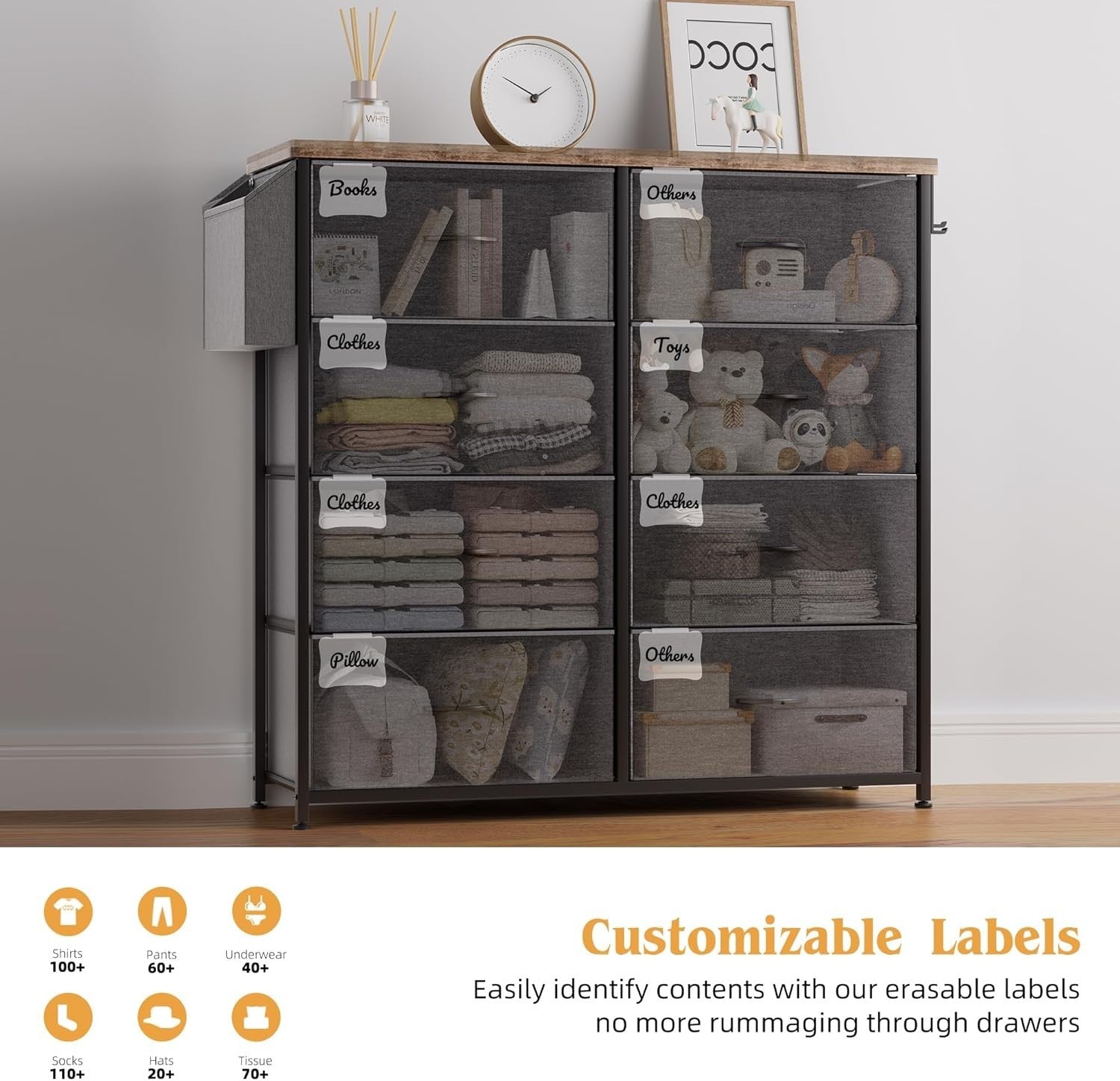 8 Drawer Dark Grey Storage Cabinet w/ Side Pocket & Labels 80x30x97cm