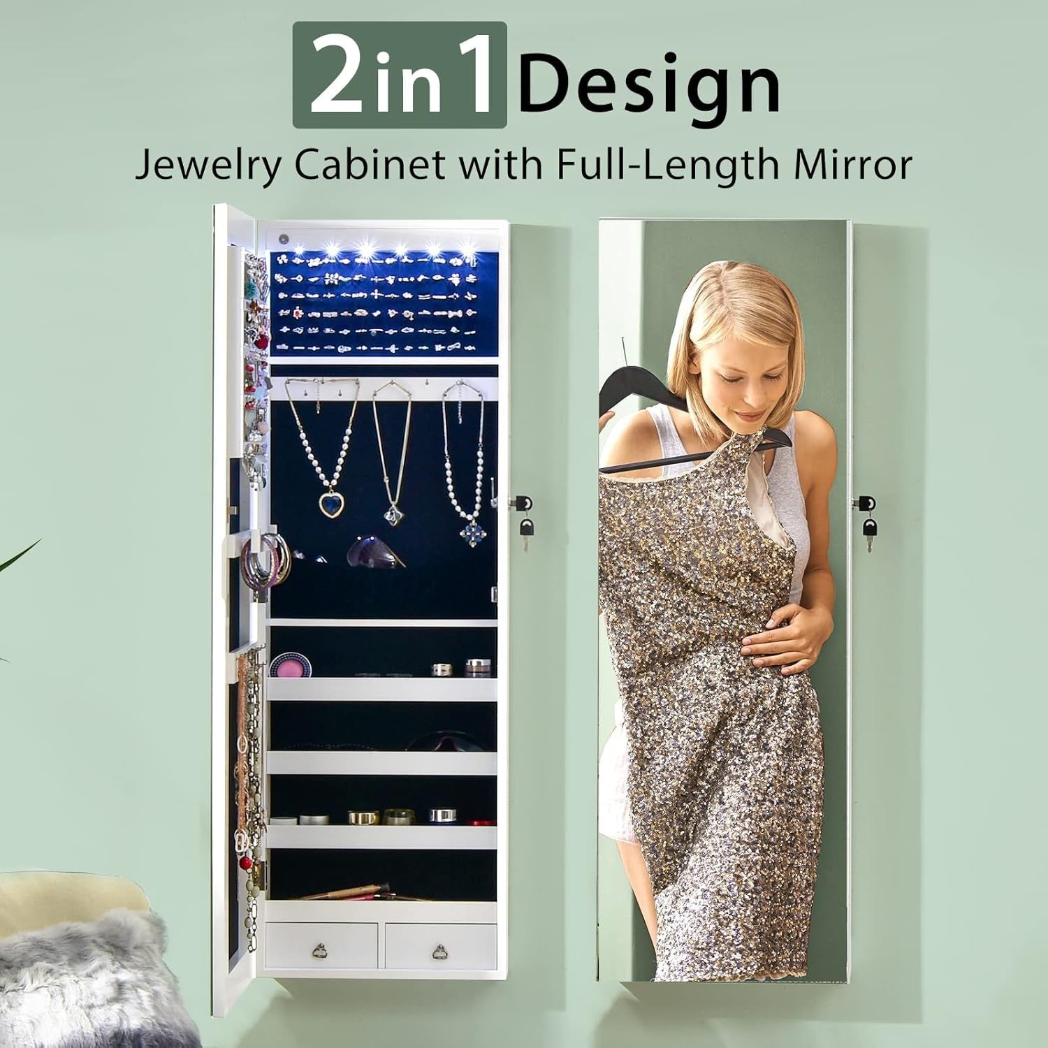 LED Jewelry Armoire Wall Door Mounted Lockable Full Length Mirror White