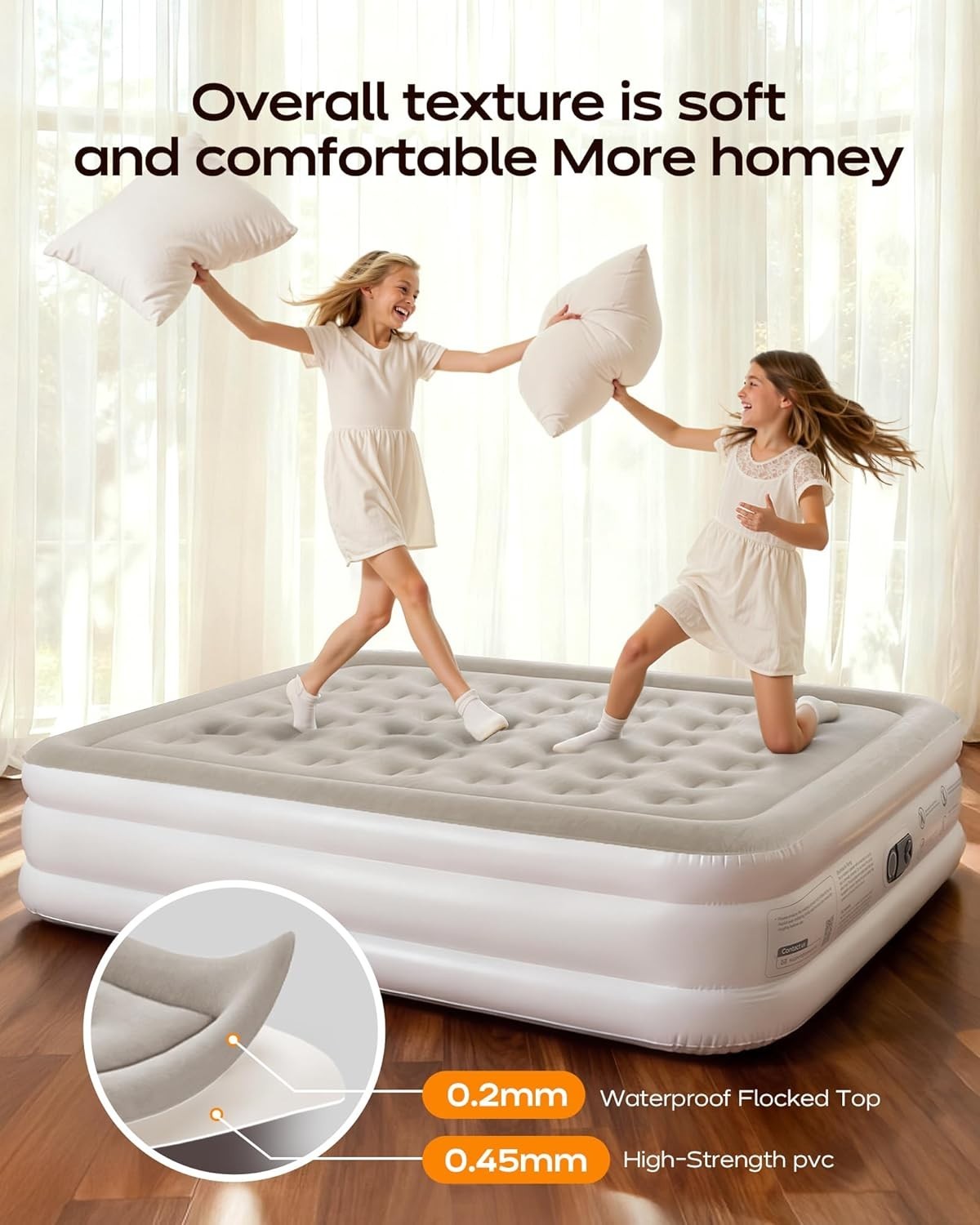 Double Air Mattress 18" Inflatable Bed with Built-In Pump, Soft Flocked Surface