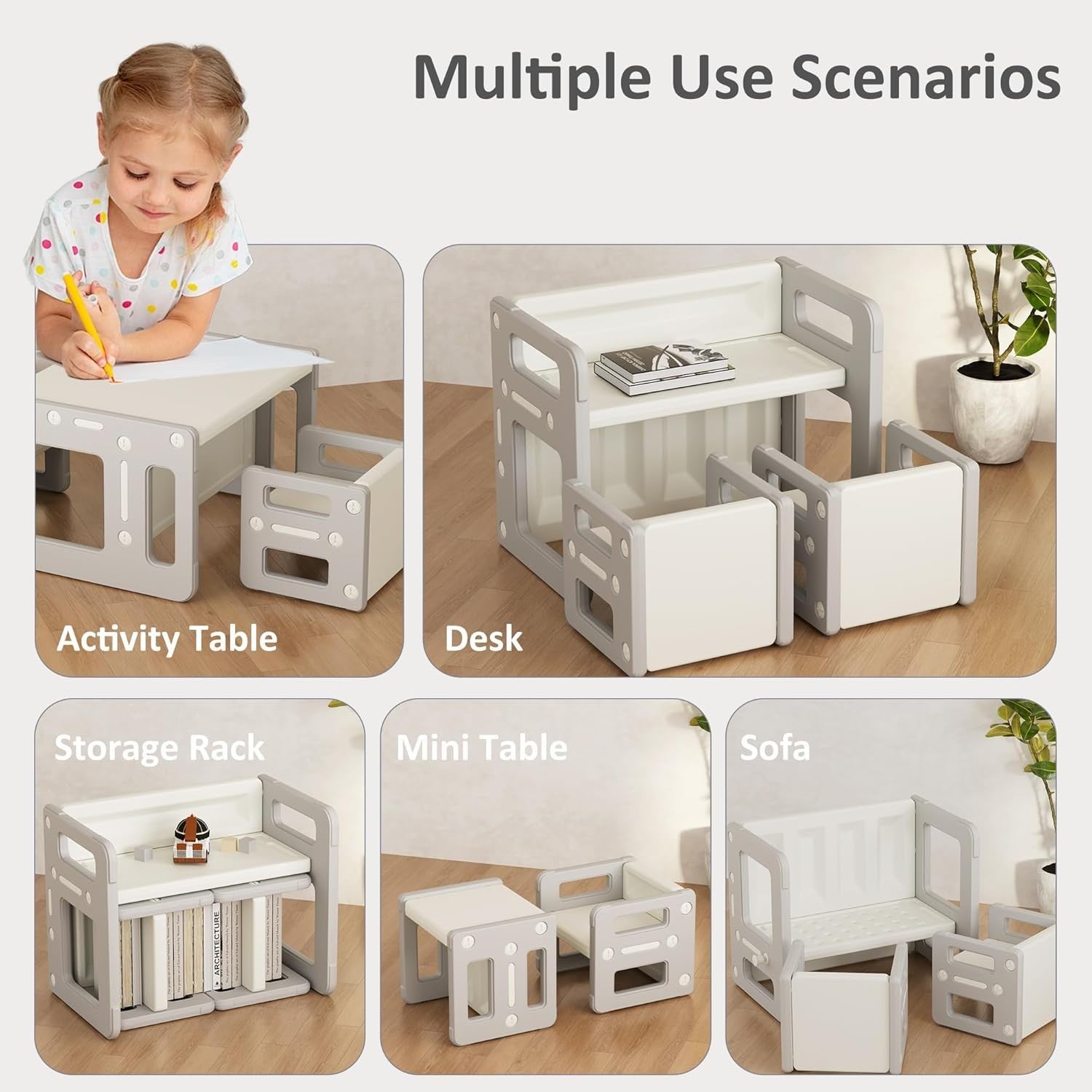 Montessori Kids Table & 2 Chairs Set, Grey Plastic Activity Desk & Stools