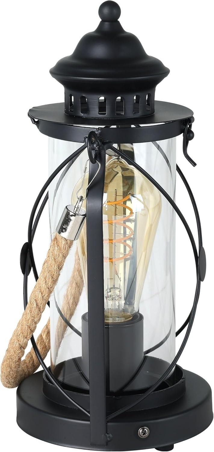 EGLO Bradford Black Vintage Table Lamp Glass E27 Bedside Lantern