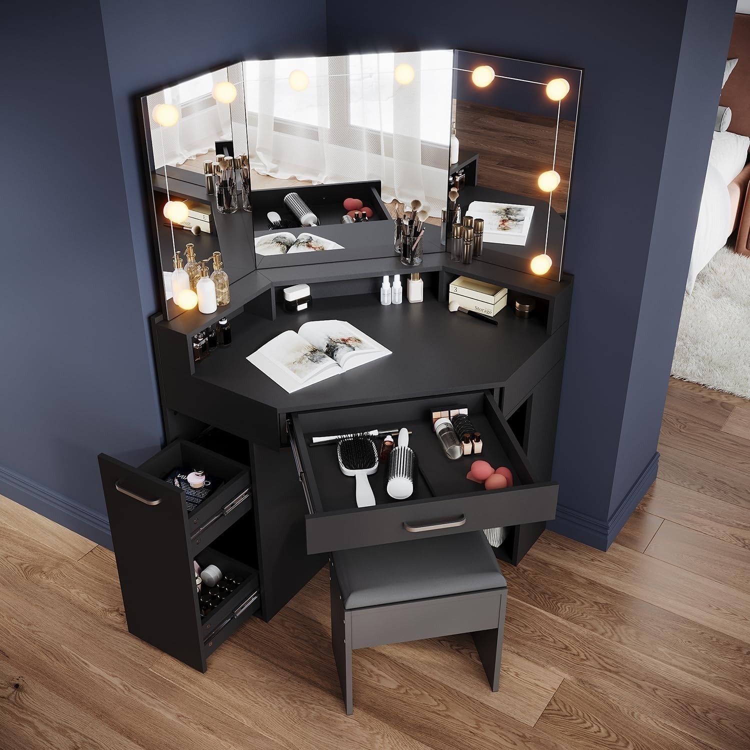 Corner Vanity Makeup Dressing Table with LED Lights Mirror Drawer Stool Black