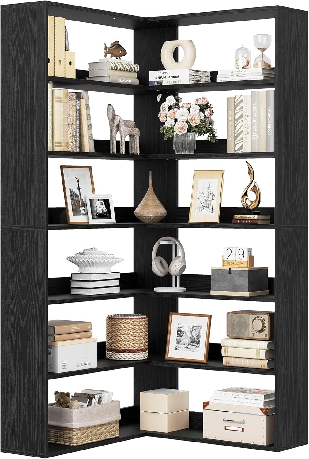 Tall Corner Shelf Unit 6 Tier L-Shaped Bookcase Storage Rack for Living Rooms