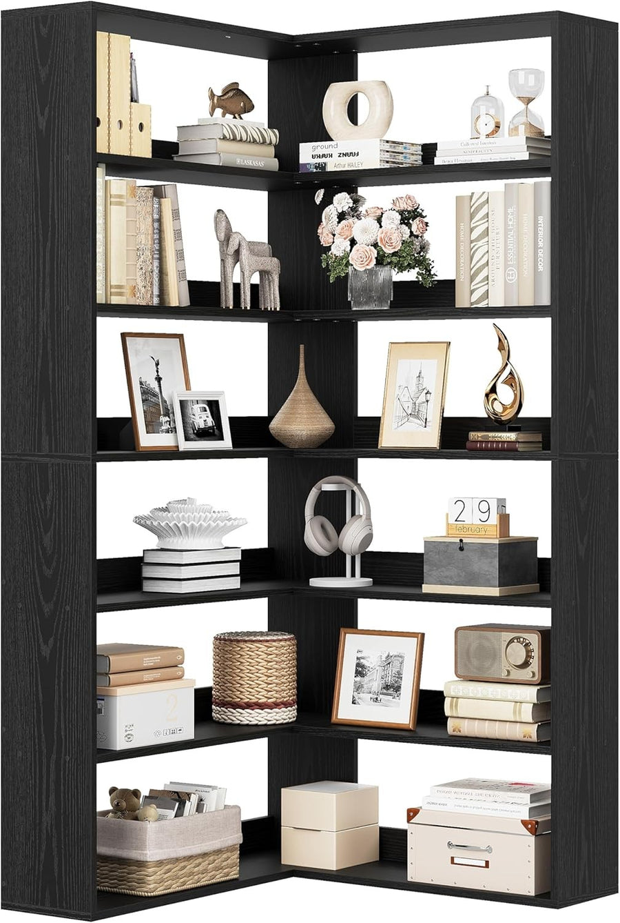 Tall Corner Shelf Unit 6 Tier L-Shaped Bookcase Storage Rack for Living Rooms