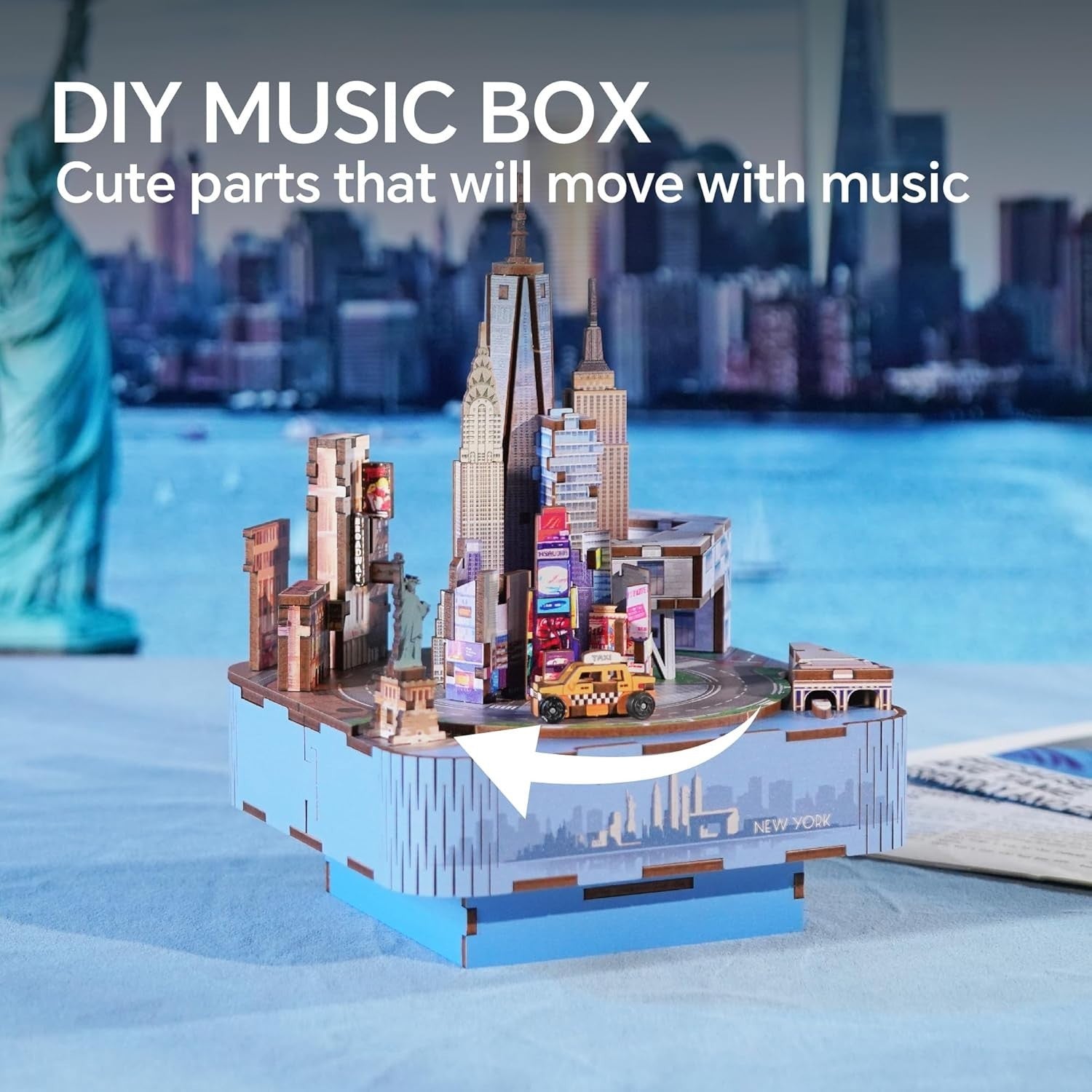 3D Wooden Puzzle Music Box Kit New York | DIY Gift, Rotates, 111 Pcs