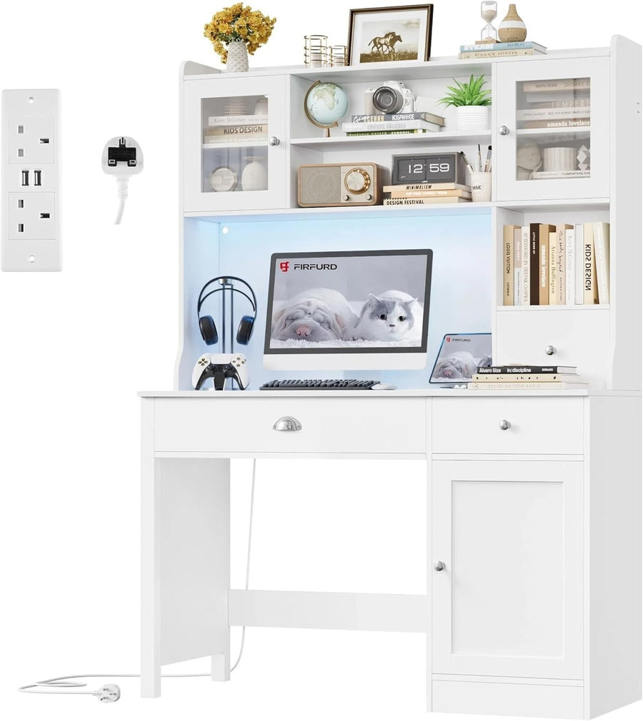White Computer Desk with Drawers, Shelves, Power Outlet & LED Lights 120cm