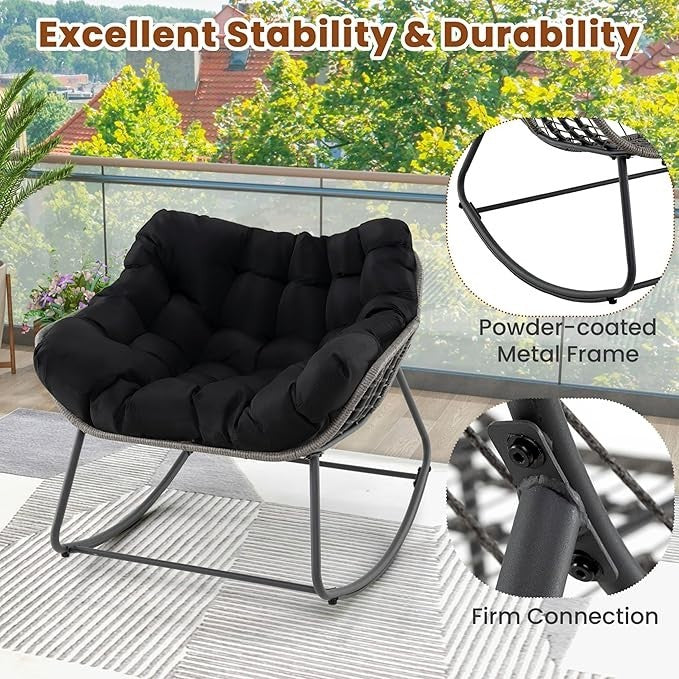 Luxury Rattan Rocking Chair – Thick Cushion, 150kg, Indoor Outdoor Use