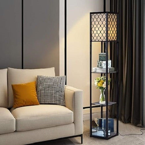 Floor Lamp with Shelves Storage Standing Light Pattern Shade Reading Lamp