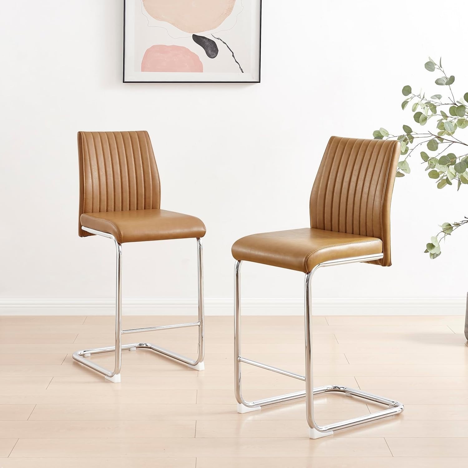 Modern Tan Bar Stools Set of 2 – Faux Leather Cantilever Chairs