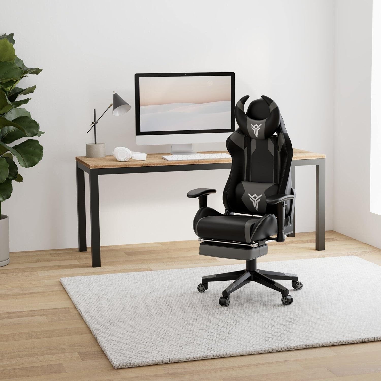 Gaming Chair w/ Footrest Reclining PU Leather White