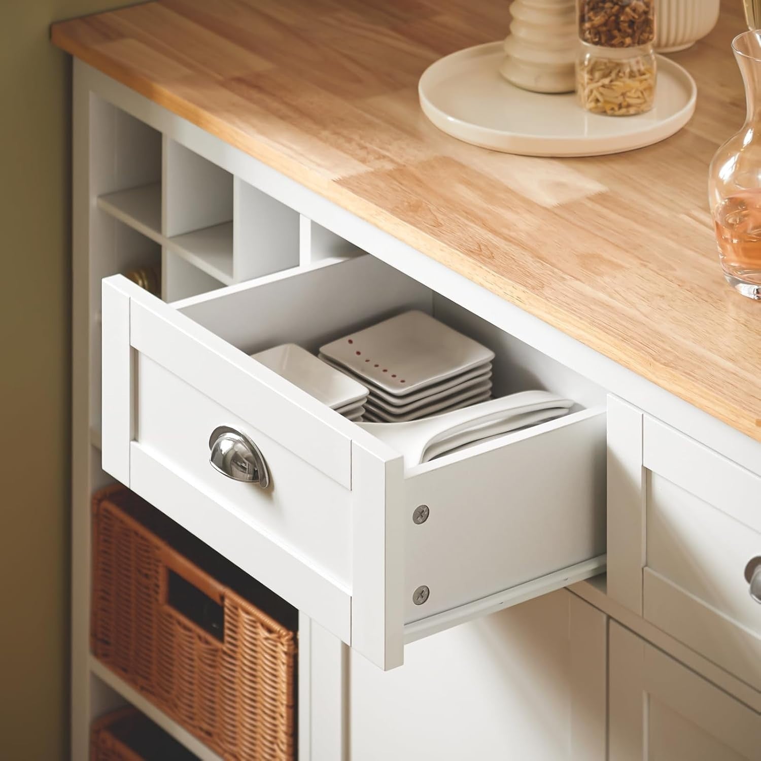 White Kitchen Island with Storage, Sideboard Cabinet & 2 Rattan Baskets