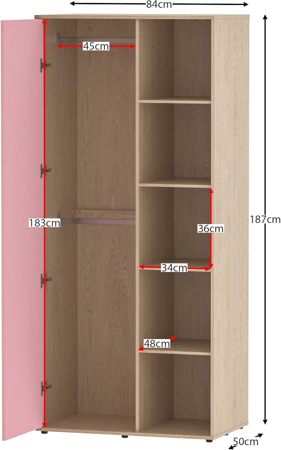 Children’s Wardrobe with Shelves & Rail, Pink Oak Kids Storage Cabinet