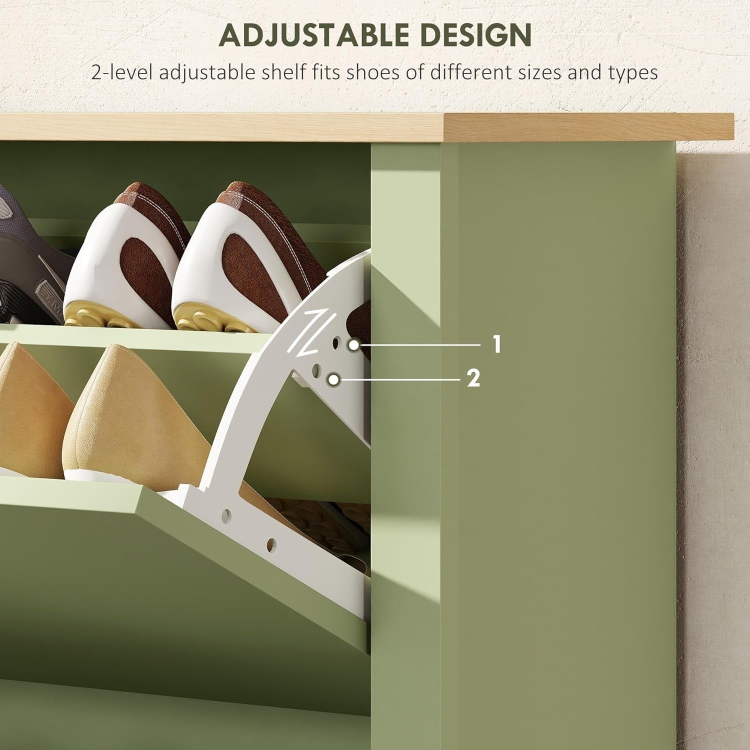 Space Saving Narrow Shoe Cabinet 2 Flip Drawers Adjustable Shelves Green