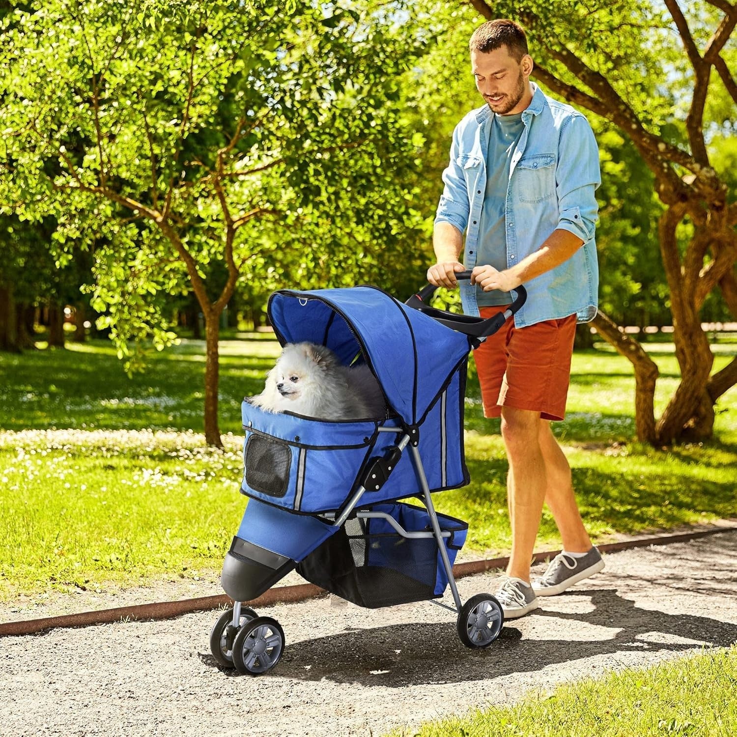 Dog Stroller Foldable 3-Wheel Pet Pram Small Dogs Cats Blue Lightweight