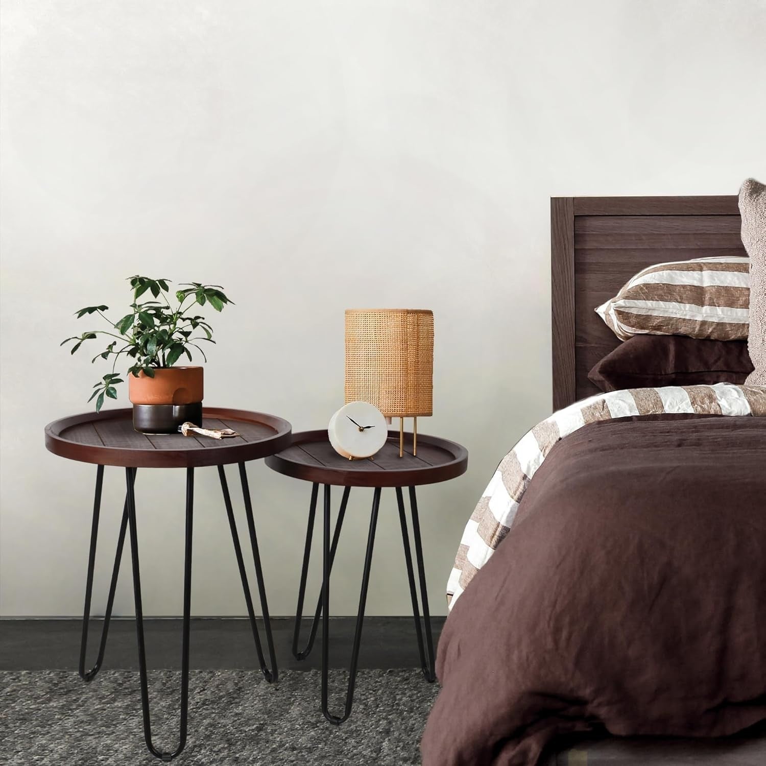 Round Wood Nesting Coffee Table Walnut Metal Frame Side End Tables Set of 2