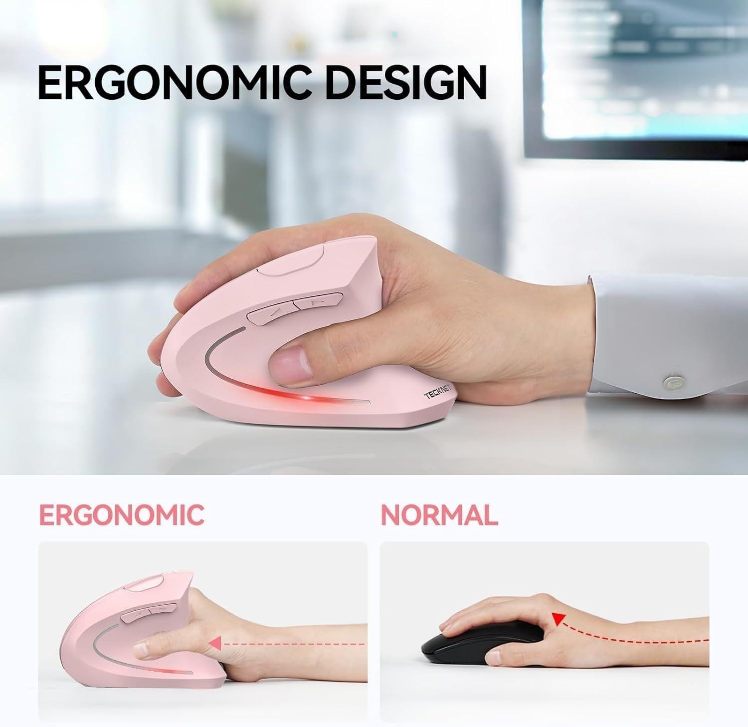 Vertical Ergonomic Wireless Mouse 4800 DPI Silent 6 Button Pink