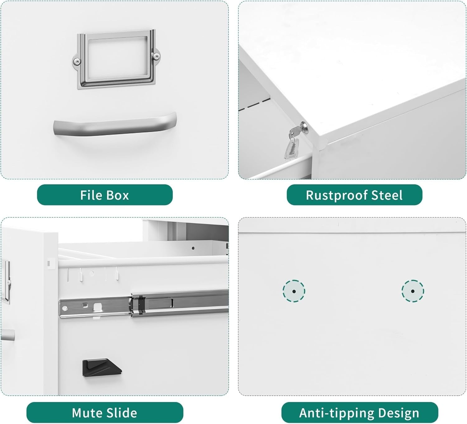 White 4 Drawer Lockable Filing Cabinet Anti Tip Vertical A4 Office Storage