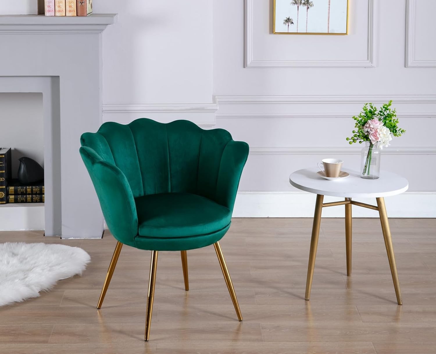 Green Velvet Lounge Chair Gold Legs | Petal Back Armchair for Bedroom