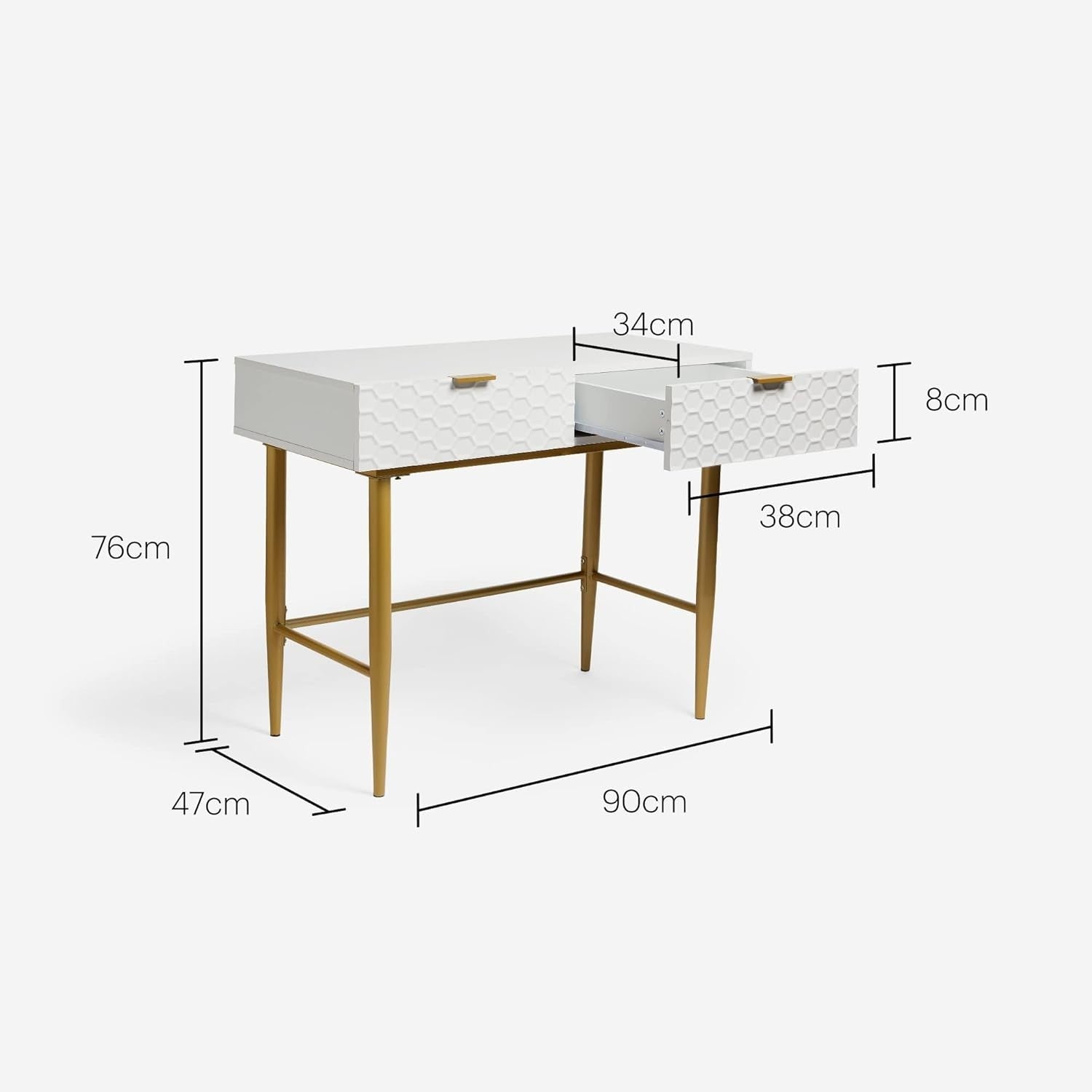 Modern White Dressing Table with Gold Legs, 2 Drawers, Glossy Finish, 90x75cm