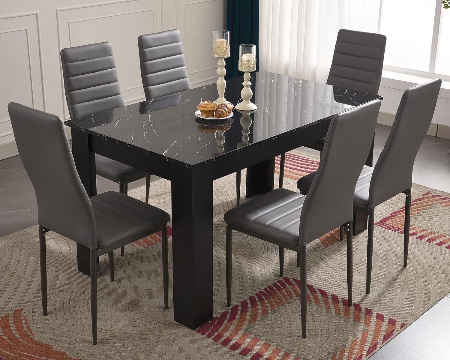 Black Marble Dining Table Set with 6 PU Leather Chairs – Modern, Durable