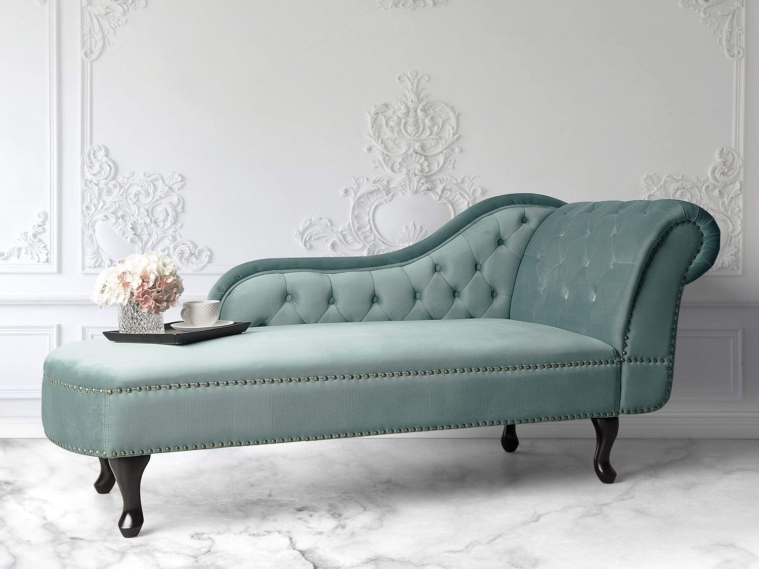 Right Hand Velvet Chaise Lounge Tufted Chesterfield Sofa Mint Green