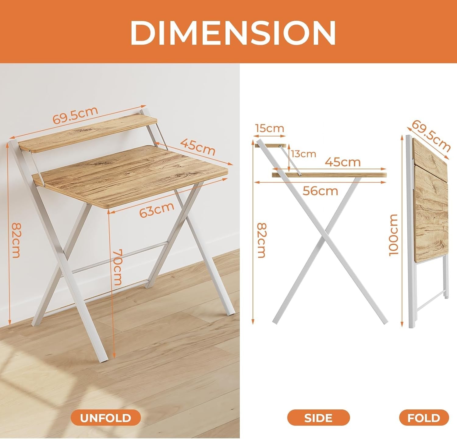 Foldable Computer Desk Small Space with Monitor Shelf No Assembly Oak
