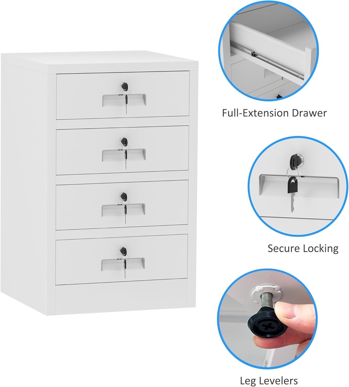 4 Drawer Metal Storage Cabinet Lockable Office Home Organiser White