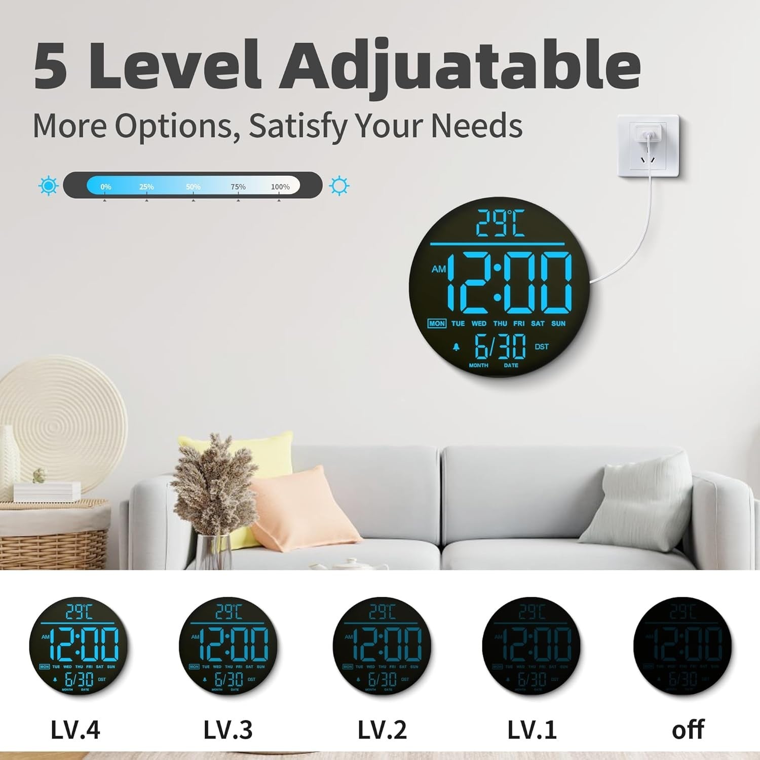 Black LED Digital Wall Clock 10 Inch Remote Control Night Light Display