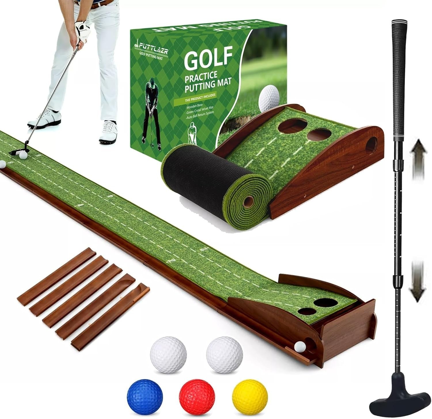 Indoor Golf Putting Mat Set 102in w Putter Balls Auto Return Practice Green