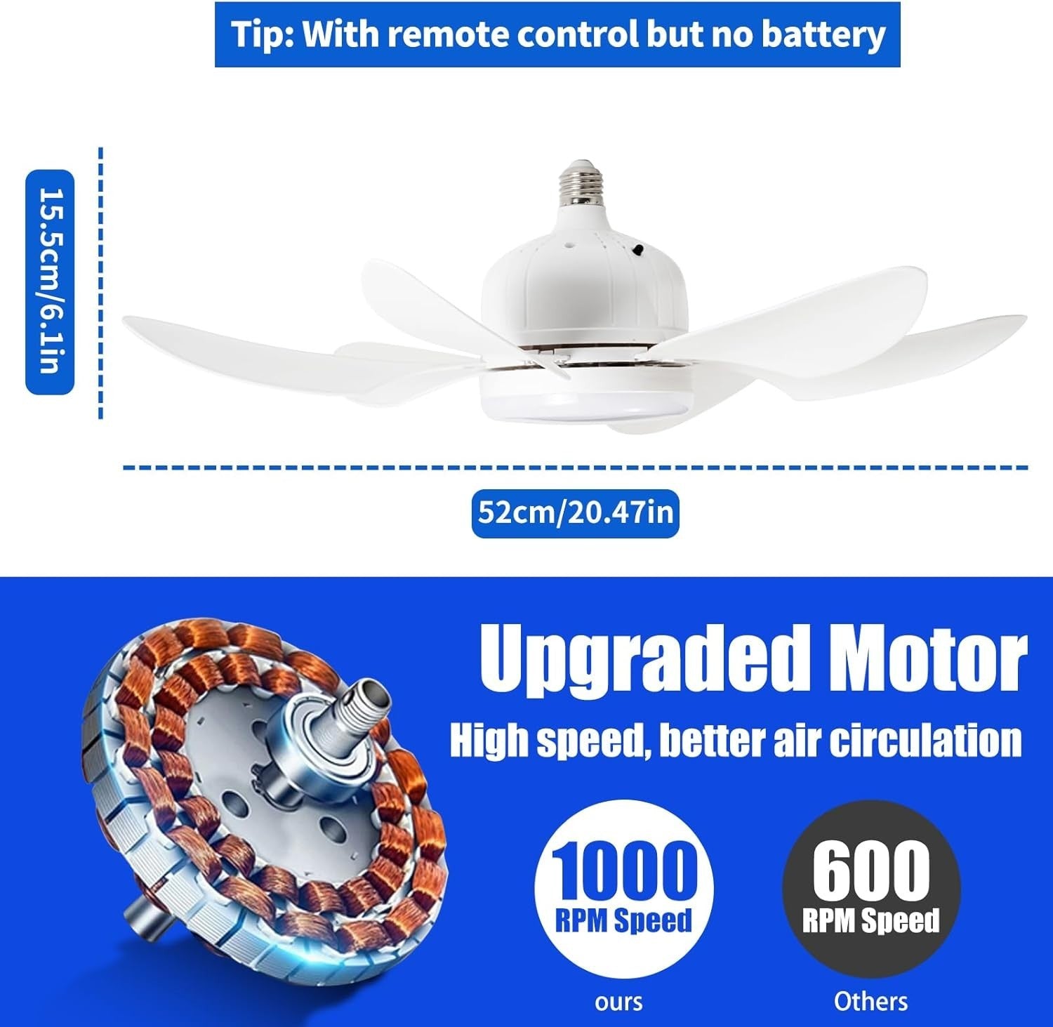 20" Ceiling Fan Light with Remote, Dimmable 30W, 3-Color 3-Speed, Quiet