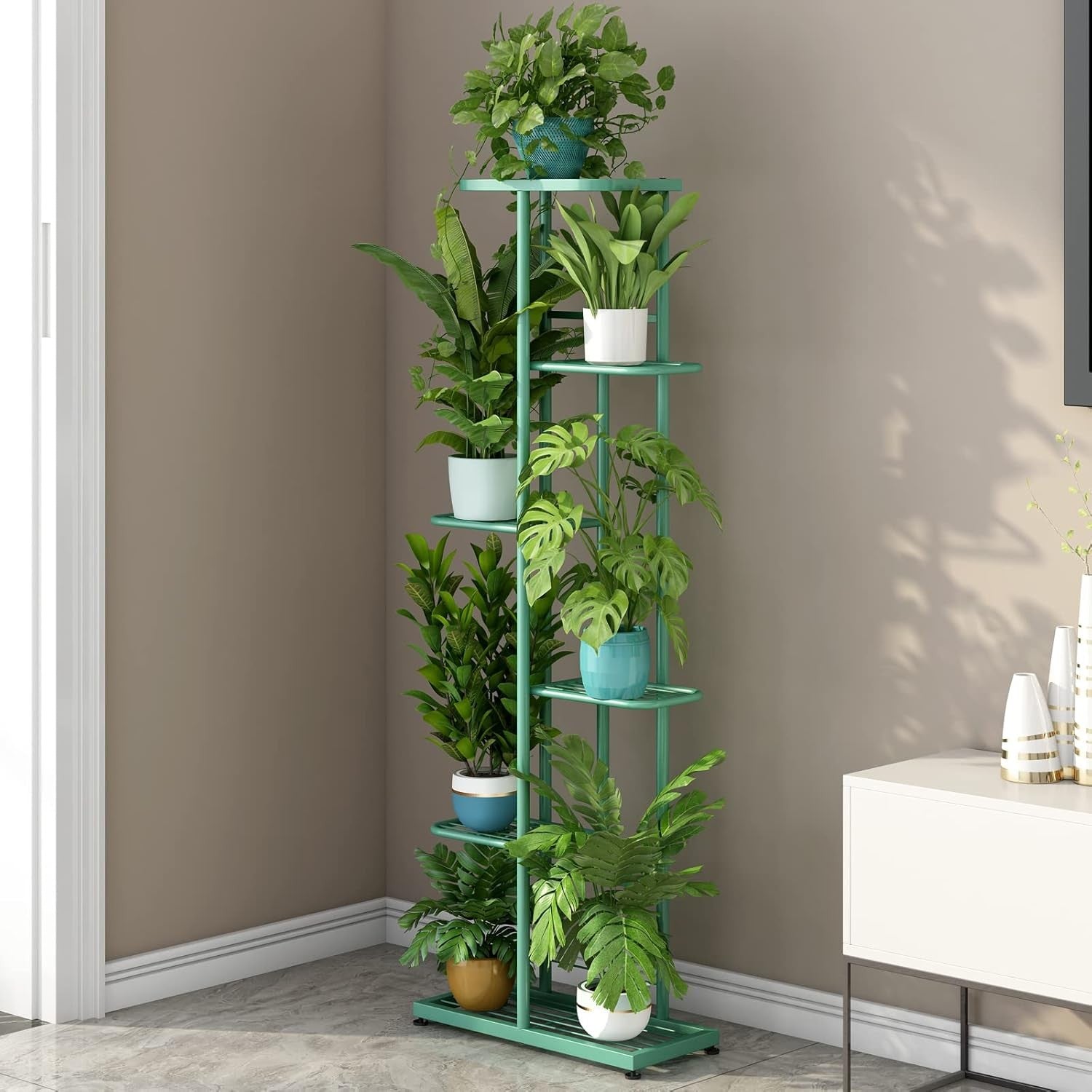 6 Tier Green Metal Plant Stand Indoor Outdoor 7 Pot Flower Display Shelf Rack