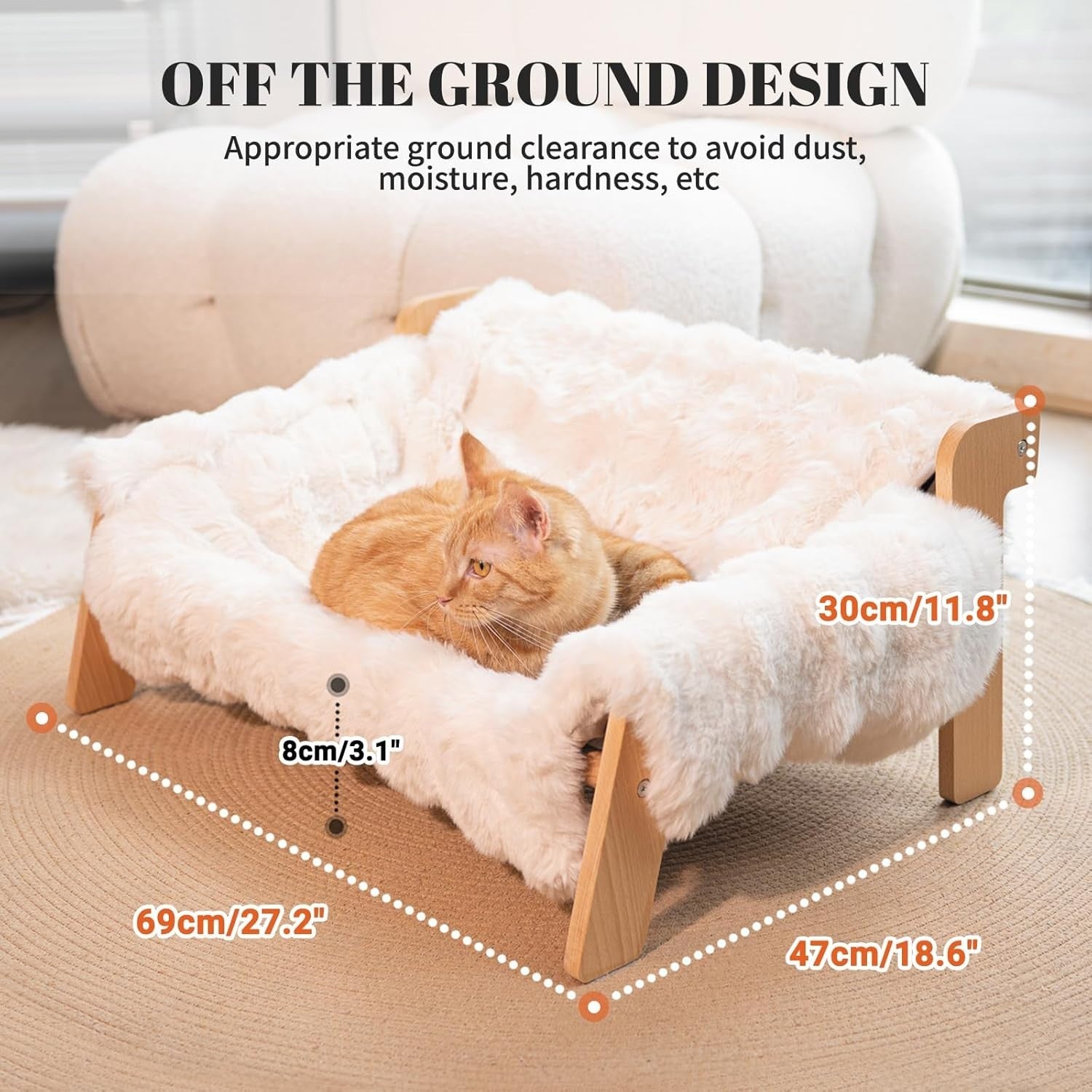 Raised Cat Bed Beech Wood Large Pet Sofa Washable Plush Cover 70cm