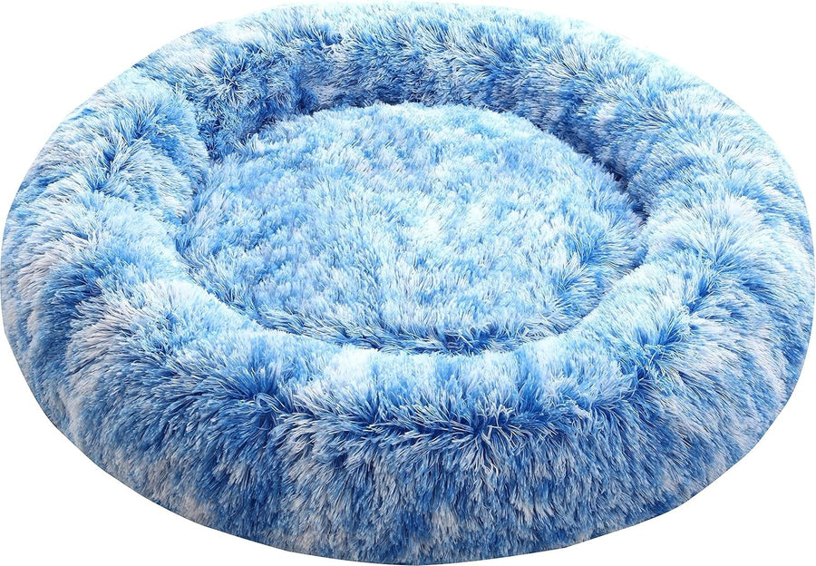 XXL Calming Donut Dog Bed 100cm Anti Anxiety Faux Fur Blue