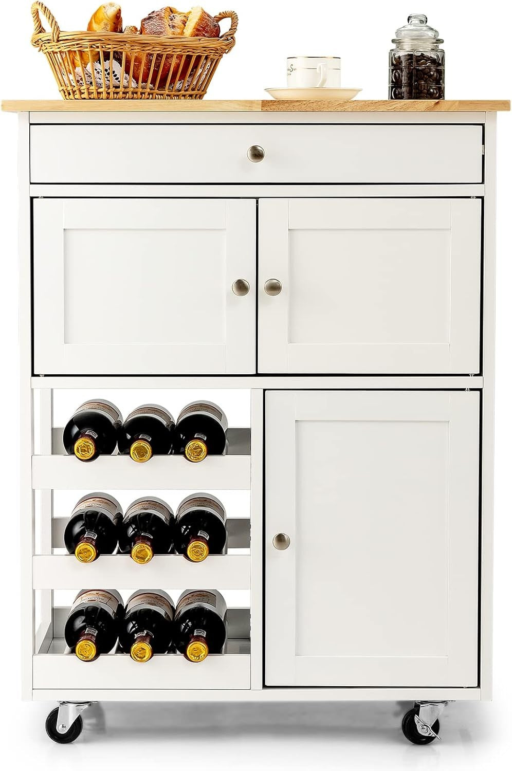 Kitchen Island Trolley White Storage Cabinet Drawer Wine Rack Rolling