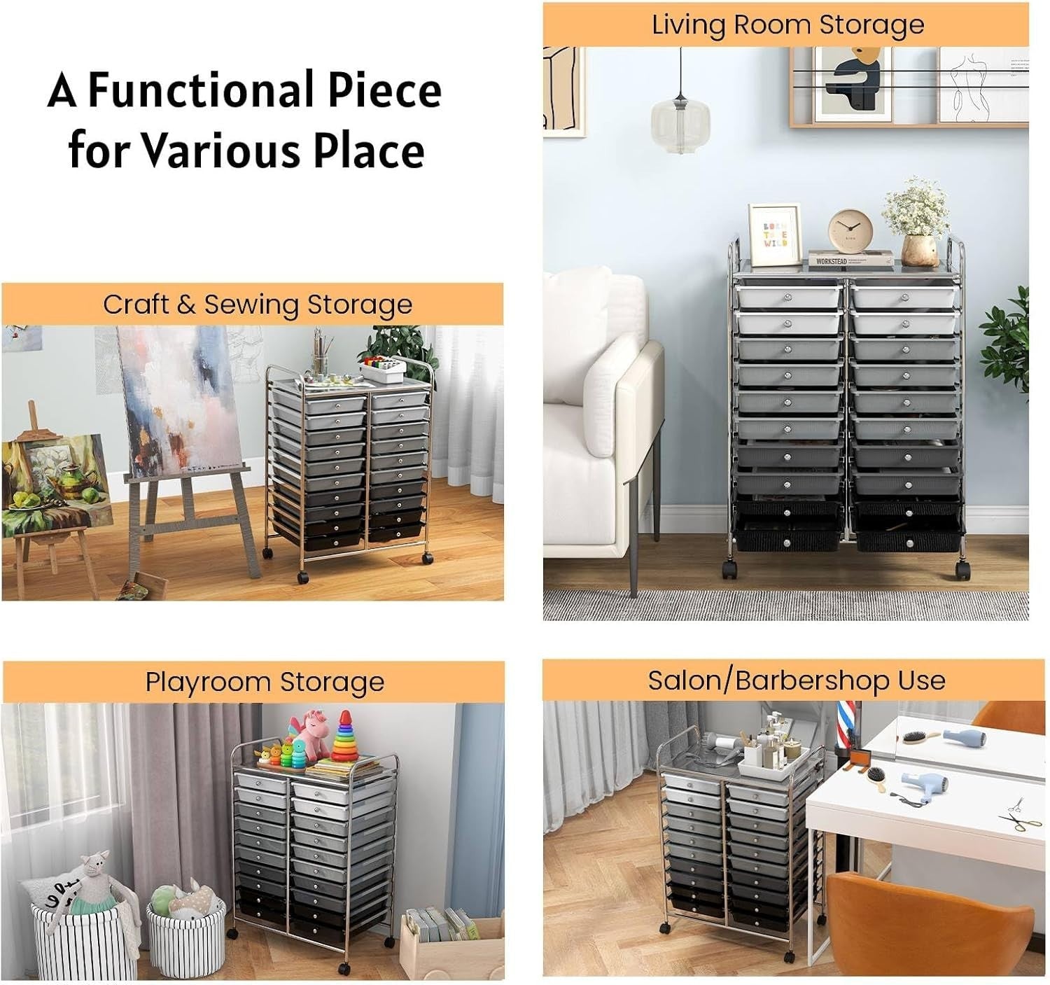 Gradient Black 20 Drawer Rolling Storage Trolley Utility Organizer Cart