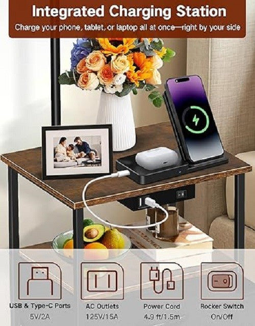 Floor Lamp with Table Drawers Remote USB Charging Dimmable LED Nightstand
