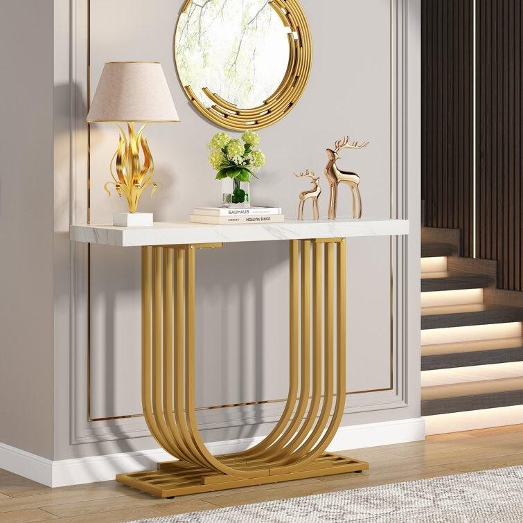 Modern Faux Marble Console Table with Gold Base – 39" Entryway Accent
