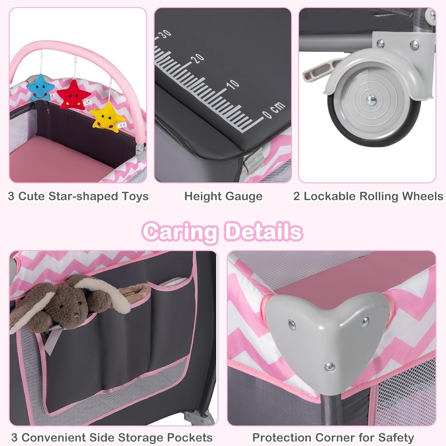 4in1 Baby Travel Cot Foldable Crib with Mattress, Changer & Storage Grey Pink