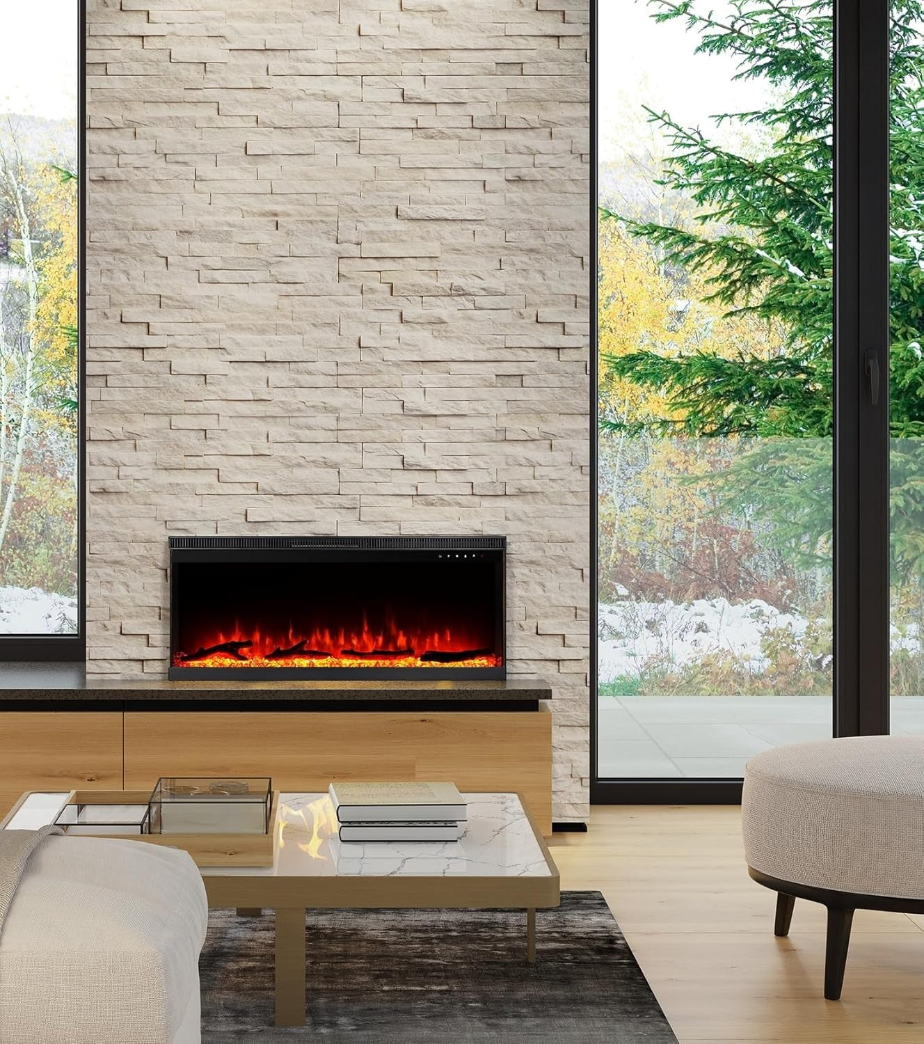3-Sided Electric Fireplace 1800W Recessed Wall-Mount Flame Effect Black