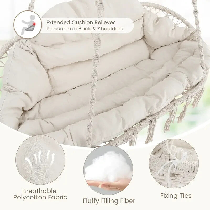 Rope Hanging Chair with Cushion & Folding Frame – 150kg Indoor Outdoor