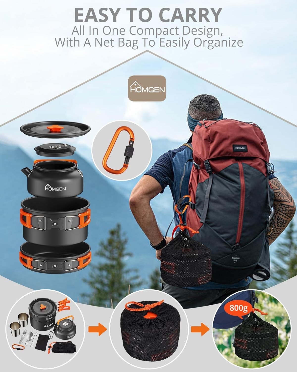 Orang Camping Cookware Set with Pot Frying Pan, Kettle & Utensils for 2–3 People