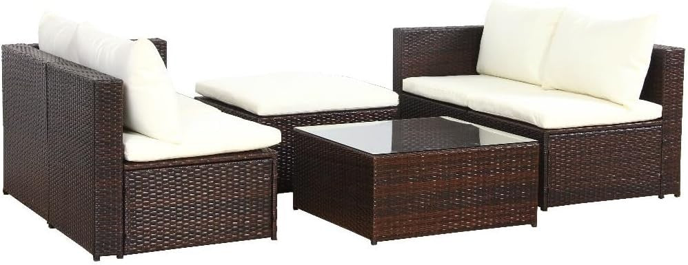 6-Piece Outdoor Rattan Garden Sofa Set with Glass Coffee Table & Cushions