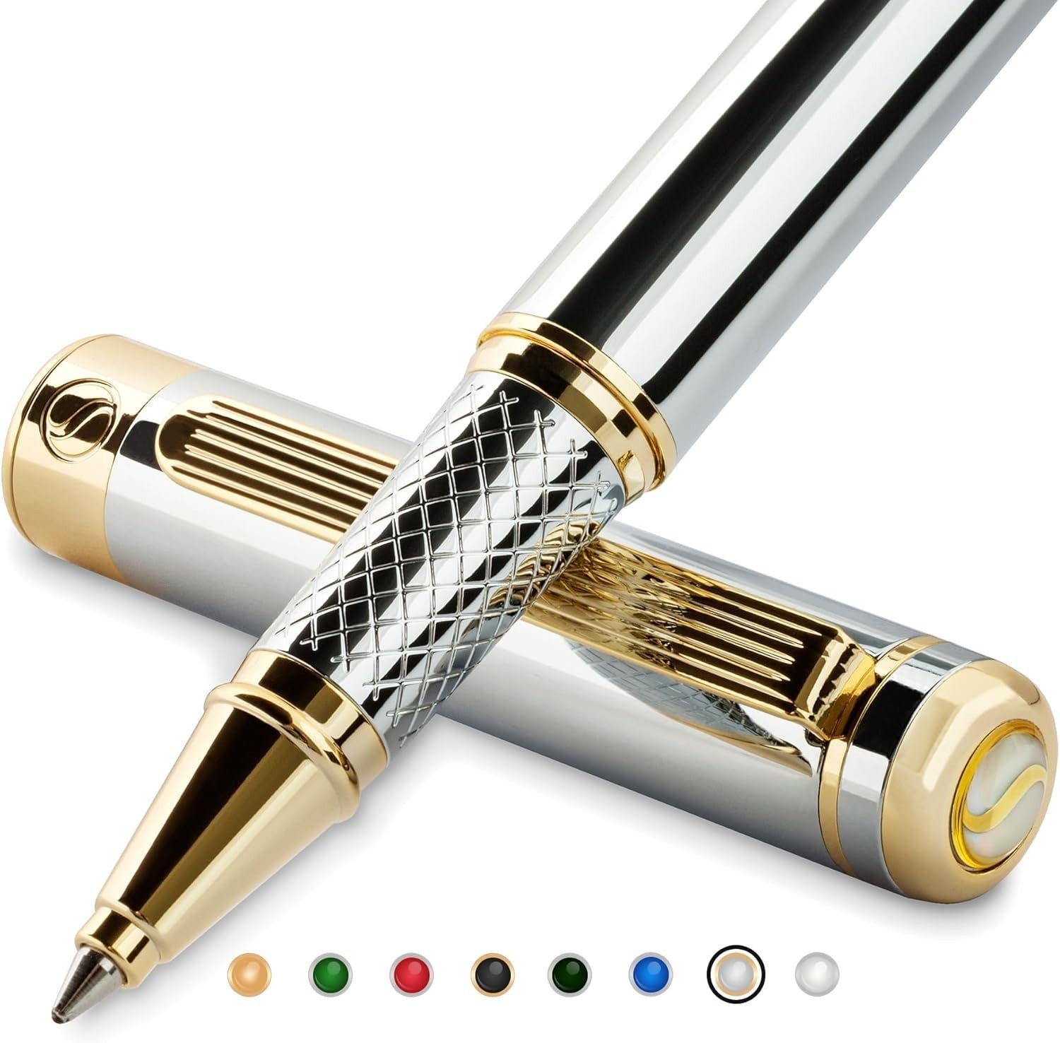 Luxury Rollerball Pen Silver Chrome 24K Gold Medium Gift