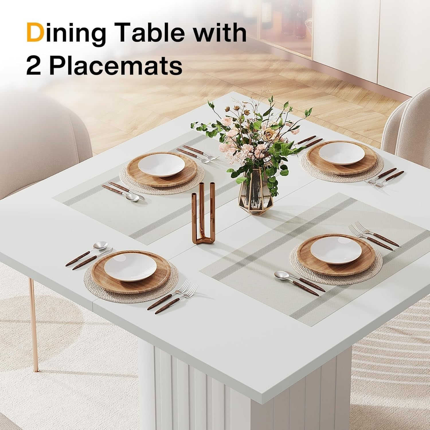 White Square Dining Table 90CM with Placemats, Small Kitchen Pedestal