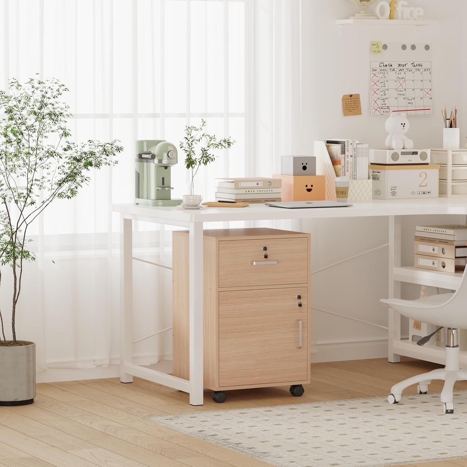 Maple Locking Rolling Desk Pedestal 1 Drawer Cabinet Under Desk