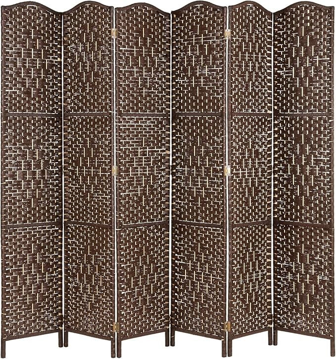 Dark Brown Wicker Folding Room Divider 6 Panel – Rustic Solid Weave Privacy