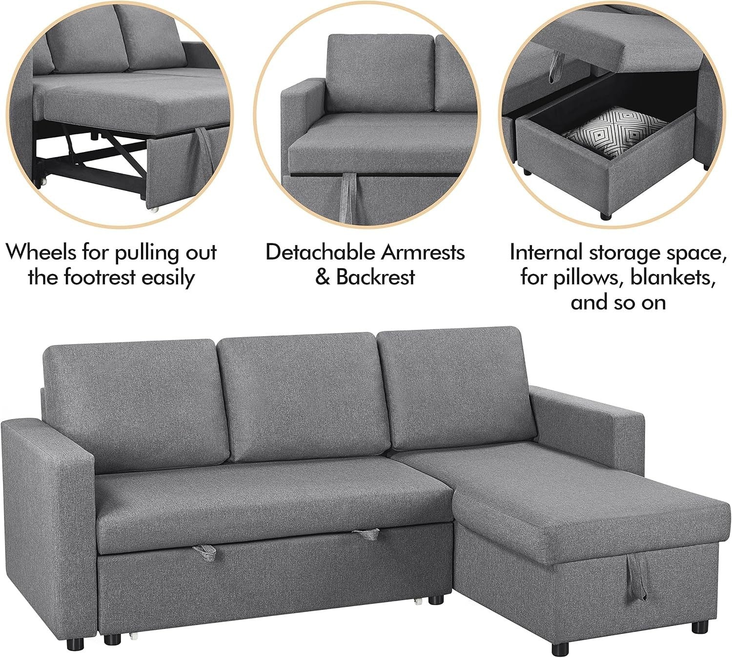 Light Grey L-Shaped Sofa Bed 3 Seater Pull Out Storage Sleeper Couch