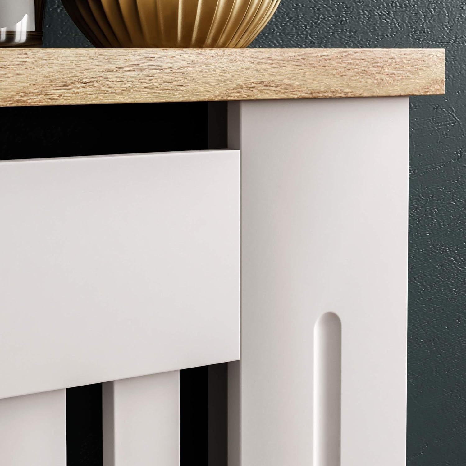 White Radiator Cover Cabinet Small MDF Modern Slatted Grill with Wood Top Shelf